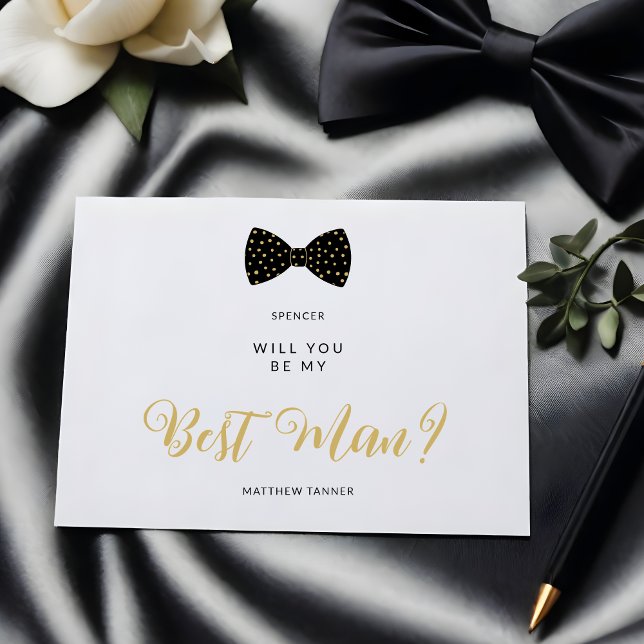 Black Best Man Vintage Bow Wedding Proposal Postcard (Cute Black & Faux Gold Polka Dots Vintage Bow Tie Best Man Wedding Proposal Postcard.)