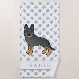 Black Bi-Color German Shepherd Dog &amp; Custom Name Beach Towel