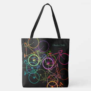 black biking tote bag with colorful bicycles
