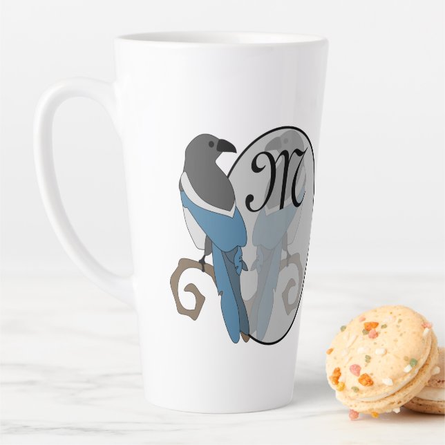Black Billed Magpie Monogram Latte Mug (In Situ)