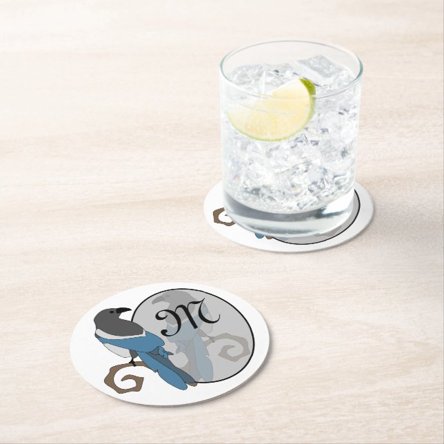 Black Billed Magpie Monogram Round Paper Coaster (Insitu)