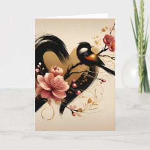 Black Bird and Cherry Blossom Heart Card