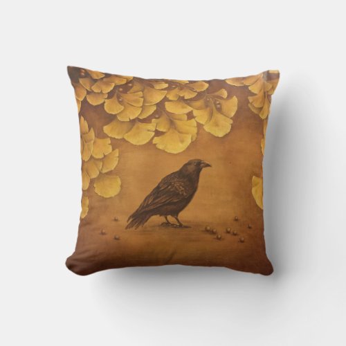 Black bird and golden Ginkgo leaves Throw Pillow