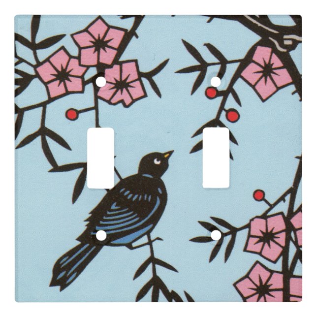 Black Bird Branches Pink Cherry Blossom Flowers Light Switch Cover (Front)