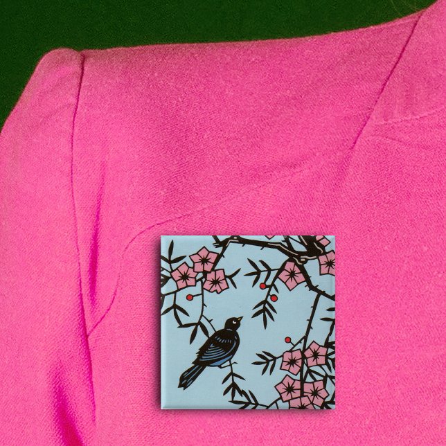 Black Bird Cherry Blossom Tree Button (Pretty black bird in abstract cherry blossom tree on light blue square pin back button.)