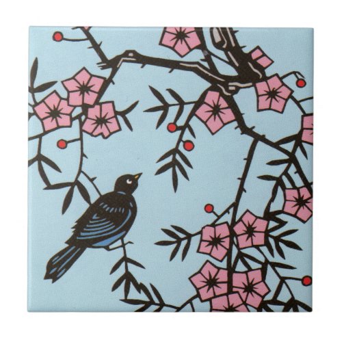 Black Bird Cherry Blossom Tree Tile