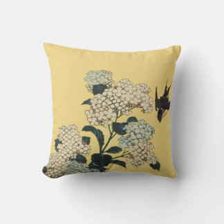 BLACK BIRD FLIES AMONG FLOWERS YELLOW THROW PILLOW