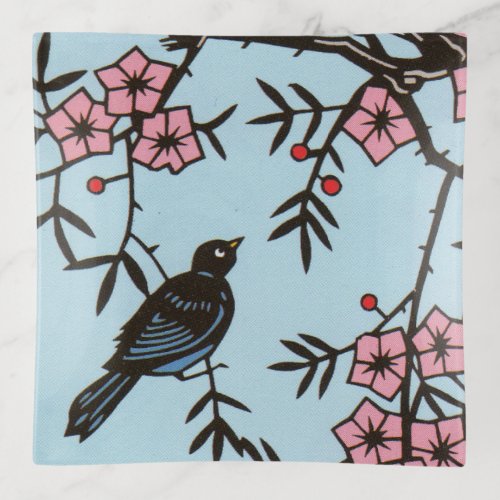 Black Bird in Branches Pink Cherry Blossoms Blue Trinket Tray