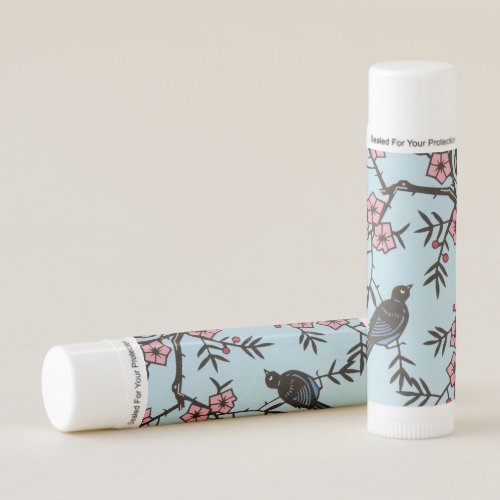 Black Bird in Cherry Tree Pink Blossom Flower Blue Lip Balm