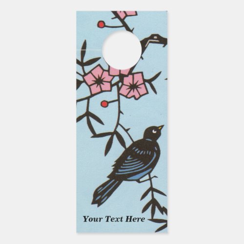 Black Bird in cherry Tree Pink Blossom Flowers Door Hanger