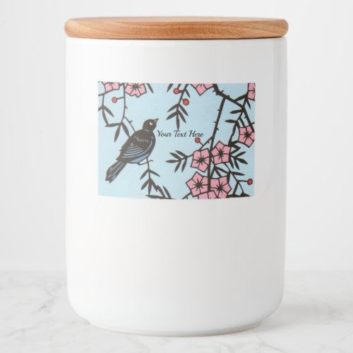 Black Bird in Cherry Tree Pink Blossom Flowers Food Label