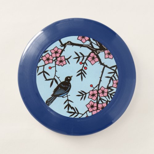 Black Bird in Tree Pink Blossoms Cherries Blue Wham_O Frisbee