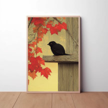 Black Bird Melampitta and Autumn Leaves
