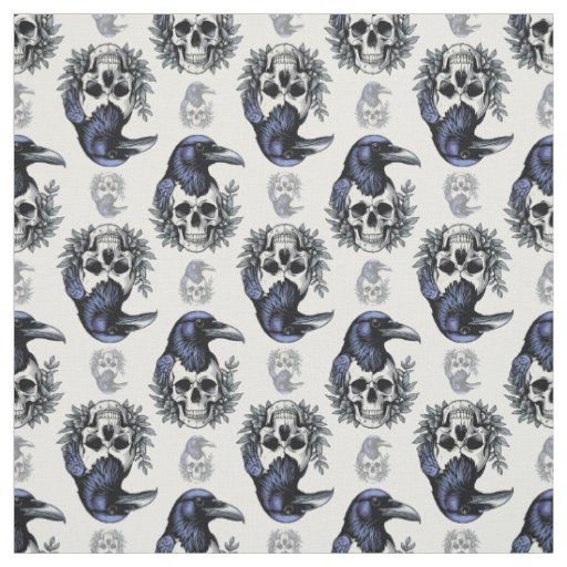 Black Bird On a Skull Goth Pattern Design  Fabric