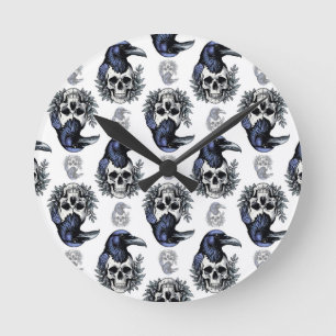 Black Bird On a Skull Goth Pattern Design Round Clock