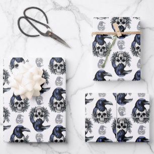 Black Bird On a Skull Goth Pattern Design Wrapping Paper Sheets