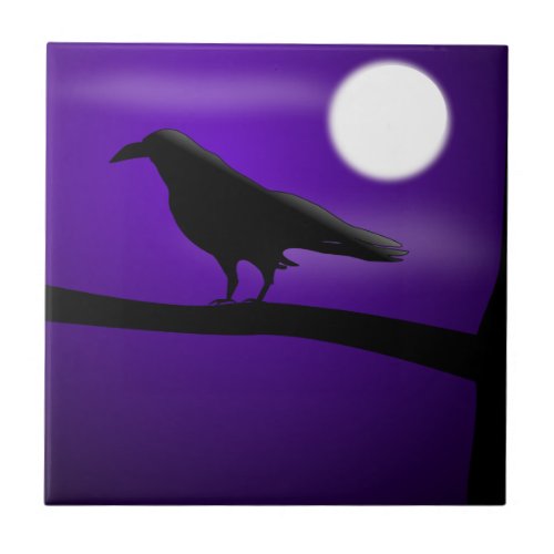 Black Bird on Branch Purple Sky Full Moon Tile