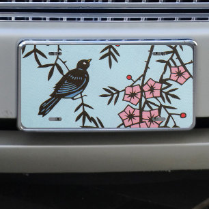 Black Bird Pink Cherry Blossom Tree Branches License Plate