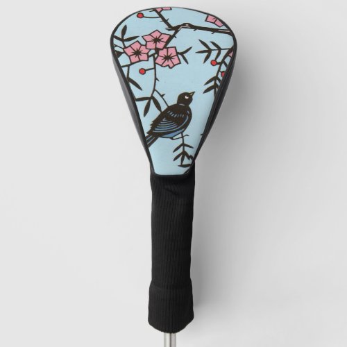 Black Bird Tree Cherries Pink Blossoms Blue Golf Head Cover