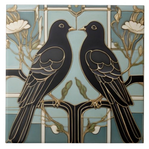 Black Birds Art Nouveau Bird Art Deco dove pigeons Ceramic Tile