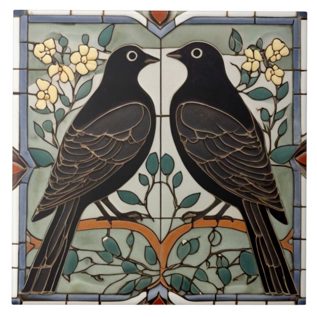 Black Birds Faux Stained Glass Bird Couple Ceramic Tile (Front)