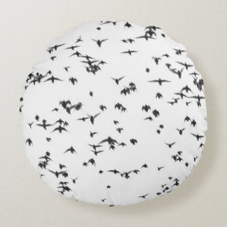 BLACK BIRDS FLYING ON SKY ROUND PILLOW