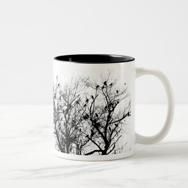 Black Birds in trees Two-Tone Coffee Mug (Right)