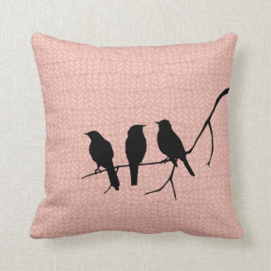 Black Birds on Pink Zigzag Pattern Throw Pillow