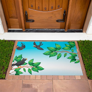 Black Birds on Tree Branches Doormat