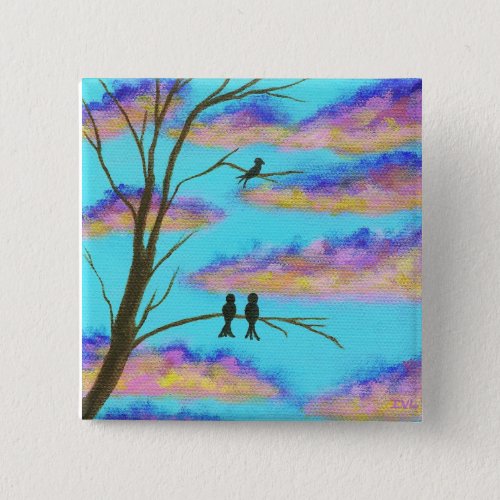 Black Birds on Tree Limbs Colorful Clouds Sky Art Pinback Button