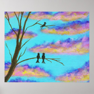 Black Birds on Tree Limbs Colorful Clouds Sky Art Poster
