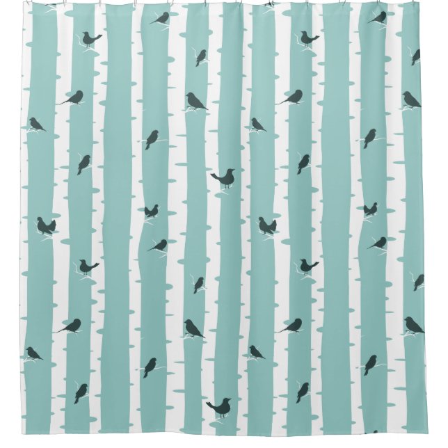Black Birds on White Birch Trees Shower Curtain (Front)