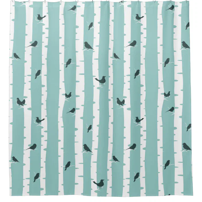 Black Birds On White Birch Trees Shower, Birch Tree Shower Curtain