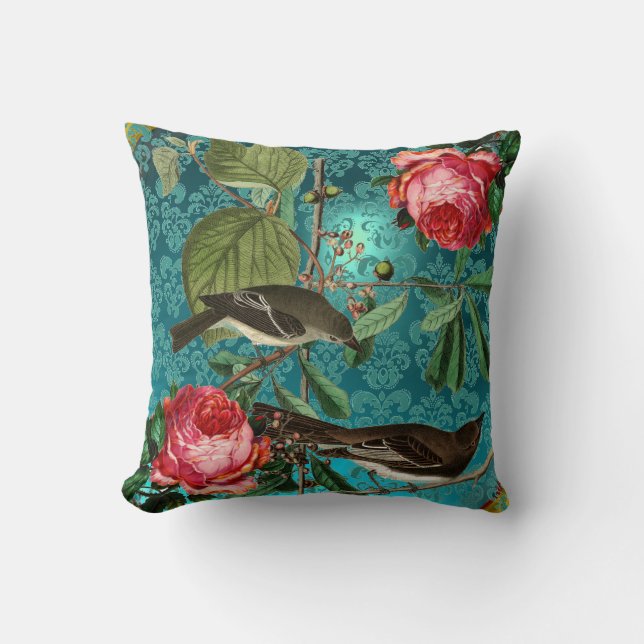 BLACK BIRDS, PINK ROSES AQUA BLUE,TEAL DAMASK THROW PILLOW (Front)