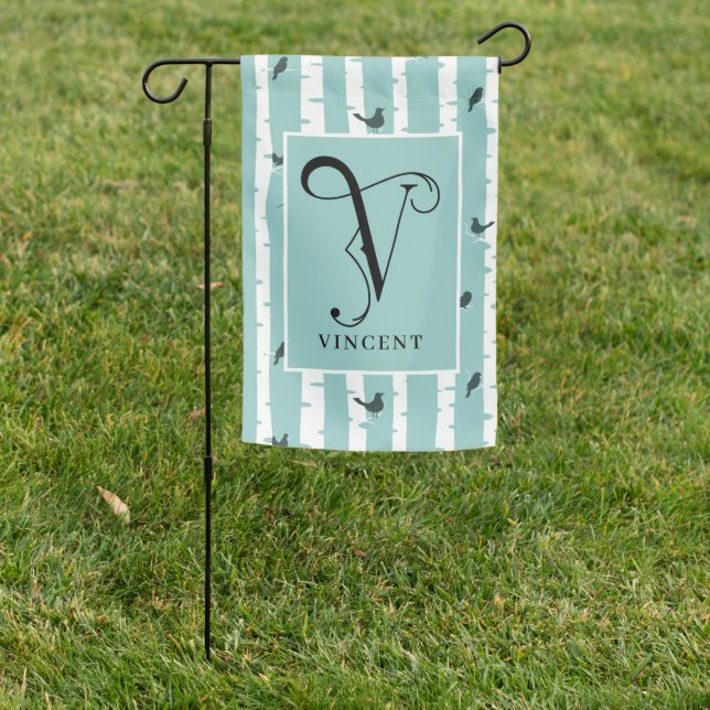 Black Birds White Birches with Monogram V Garden Flag (In SItu)