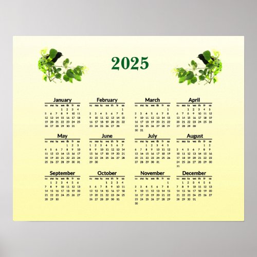 Black Birds Yellow 2025  Calendar Poster