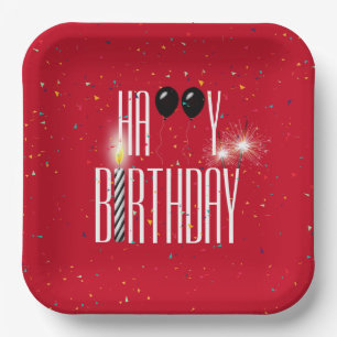 Black Birthday Balloons and Sparklers Paper Plates