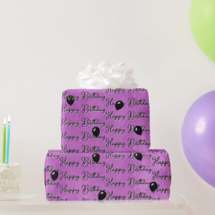 Black Birthday Balloons on Pink Watercolor Wrapping Paper