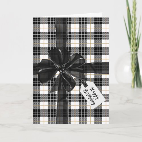 Black Birthday Bow On Tartan Plaid Card