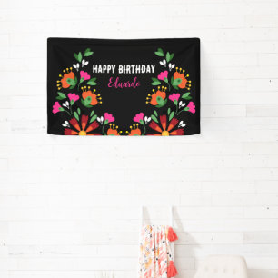Black Birthday Flower Fiesta Mexican Embroidery Banner