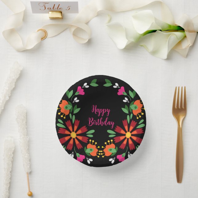 Black Birthday Flower Fiesta Mexican Embroidery Paper Bowls (Wedding)