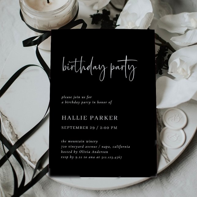 Black Birthday Party | Simple Modern and Minimal Invitation (A dark, modern adult birthday party invitation in black)