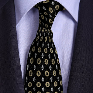 Black Bitcoin Ethereum Crypto Icons Neck Tie