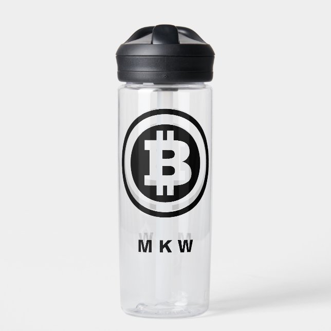Black Bitcoin Logo Symbol Monogrammed Water Bottle (Front)
