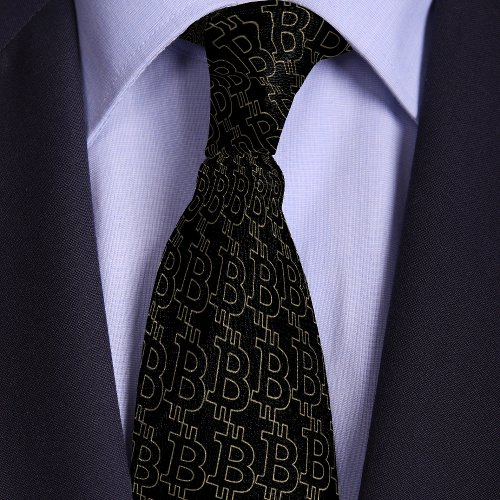 Black Bitcoin Symbol Outline Pattern Neck Tie
