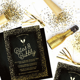 Black Bites & Bubbly New Year's Eve Party Gold Foil Invitation