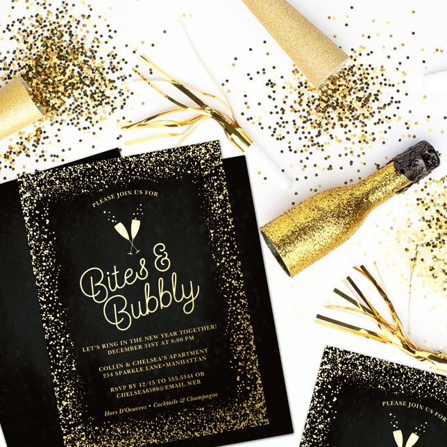  Black Bites & Bubbly New Year's Eve Party Gold Foil Invitation (Creator Uploaded)