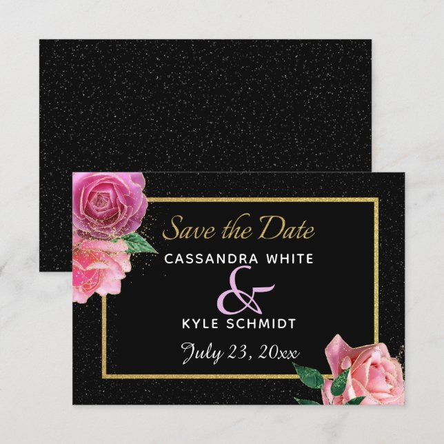 Black & Black Glitter & Pink Roses Wedding Save The Date (Front/Back)