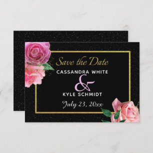 Black & Black Glitter & Pink Roses Wedding Save The Date