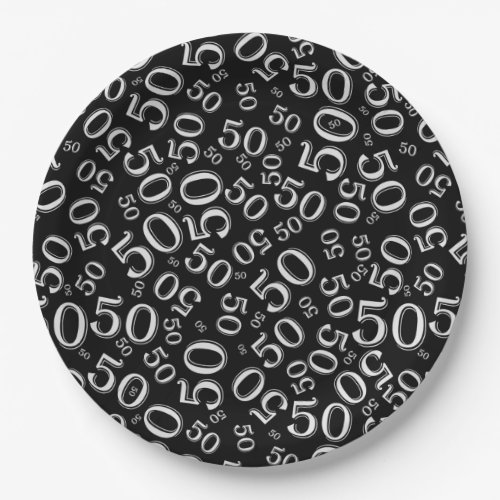 Black BlackWhite 50th Birthday Number Pattern Paper Plates